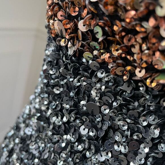 French Connection Sequin Cocktail Dress Metallic Colorblock Stripe Gold Silver 4 - Picture 7 of 10